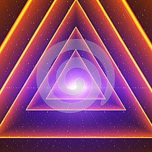 Vector data flow visualization. Triangle glowing tunnel of colorful big data flow as binary strings. Cyber world of code