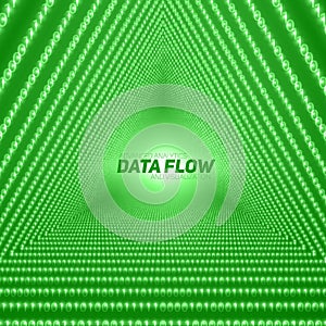 Vector data flow visualization. Triangle tunnel of green big data flow as binary numbers strings.