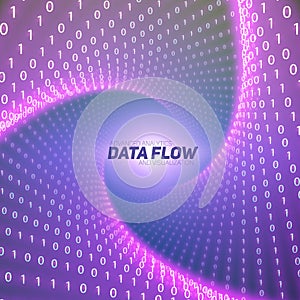 Vector data flow visualization. Violet big data flow as binary numbers strings twisted in tunnel.