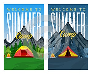 Vector day and night mountains summer camp vertical banners