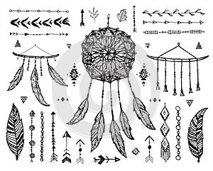 Vector decor set, collection of hand drawn doodle boho style dividers, borders, arrows, design elements, dream catchers