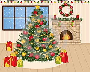 Vector Decorated Christmas Tree, Xmas Gifts and Fireplace