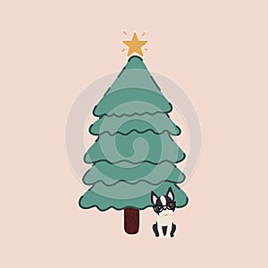 Vector of a decorated Christmas tree and with a Boston Terrier breed dog next to it.