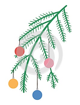 Vector decorated Christmas tree branch with colored balls isolated on white background. Cute funny illustration of New Year symbol