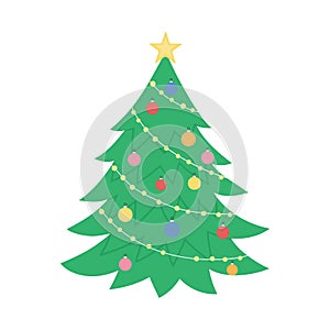 Vector decorated Christmas tree isolated on white background. Cute funny illustration of new year symbol. Flat style picture of