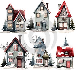 vector decoration pf cute houses. colorful christmas houses. buildings with snow and fir trees vector illustration on