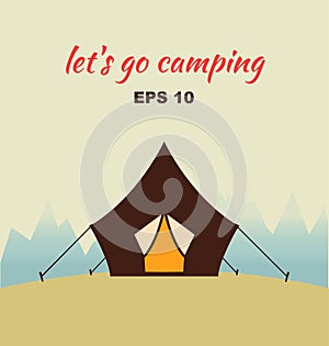 Vector decorative camping concept silhouette with tent and nature around. Poster with nature views.
