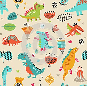 Vector decorative pattern. Funny dinosaurs