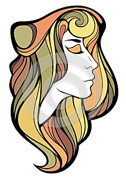 Vector decorative portrait of shaman girl with color long hair i