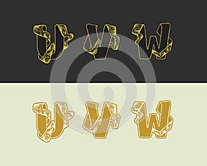 Vector decorative sketch alphabet set of uppercase letters. Gold elegant letter U, V, W. Font of interlocking ribbons