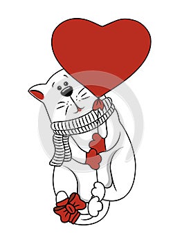 Vector decorative white cat with red scarf and heart shape balloon.