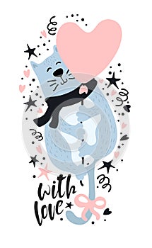 Vector decorative white cat with red scarf and heart shape balloon