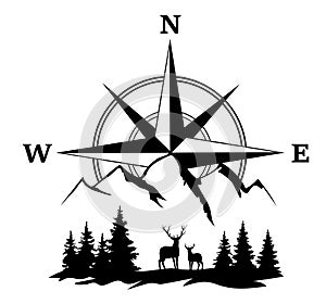 Vector deer and compass rose, mountains, forest, nature background.