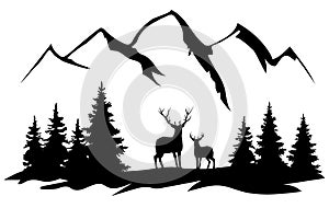 Vector deer and the mountains. Nature background. photo