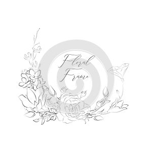 Vector Delicate Floristic Frame with Flowers, Branches