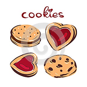 Vector delicious set of heart cookies, with chocolate. Hugge. Isolated background