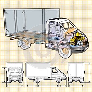 Vector delivery / cargo truck infographics cutaway