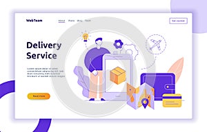 Vector delivery service design concept web banner with big modern flat line man, wallet
