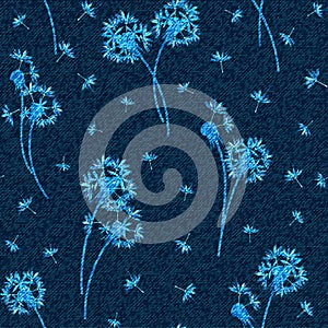 Vector denim floral seamless pattern. Faded jeans background with dandelion flowers. Blue jeans cloth background