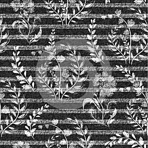 Vector Denim floral seamless pattern. Gray Jeans cloth background with flowers.