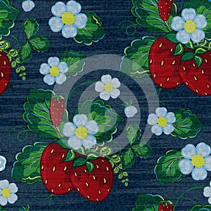 Vector Denim floral seamless pattern. Jeans background with Rose flowers. Blue jeans cloth background photo