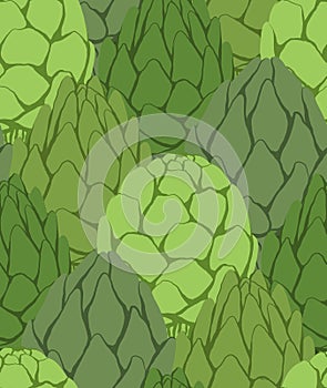 Vector dense seamless pattern with hand drawn artichokes. Scale texture with green cartoon healthy vegetables. Natural food