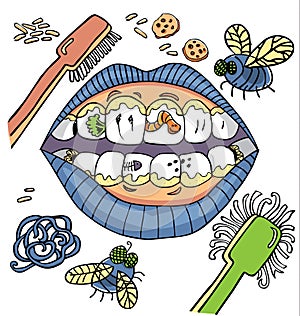 Vector dental hygiene humour with mouth showing dirty teeth with worms and plaque and vegetables. photo