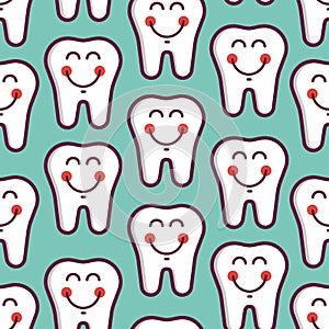 Vector dental seamless pattern cute smiley white teeth on the light blue background