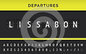 Vector Departure flip board with destination in Lissabon. Airport terminal panel with flight font