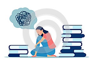 Vector of a depressed and confused woman looking for and an answer in books