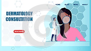 Vector of a dermatologist with magnifying glass examining patient face with skin rash