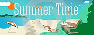 Vector design banner with text It`s Summer time. Illustration of shells, swimsuit, parasol, dog, sand, clouds, the beach elements