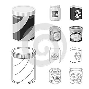 Vector design of can and food logo. Set of can and package vector icon for stock.