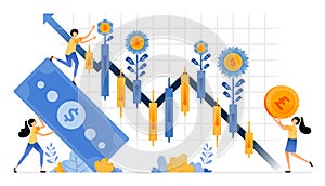 Vector Design of capital gain harvest on investments in financial stocks. secondary market candlestick fluctuations. illustration