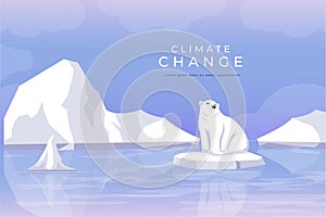 vector design climate change, global warming illustration with melting glaciers and polar bear trapped on chunks of glaciers