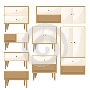 vector design of collection of wooden furniture such as shelves, cupboards, nightstands