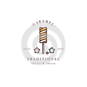 Vector design colorful template logo or emblem - lollipop with sprinkles caramel candy. Sweet icon. Logos in trendy linear style