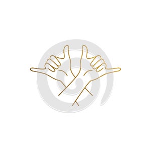 Vector design of crossed arms gesturing shaka hand drawn with thin lines