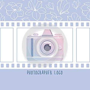 Vector design element for photographer logotype, label, badge and other. Magnolia flowers,retro photocamera and film in trendy col