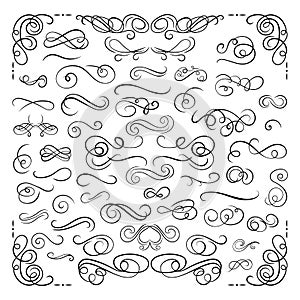 Vector Design Elements Set, Scrolls and Swirls, Drawn Calligraphic Swirly Lines Isolated on White Background, Book Decorations. photo