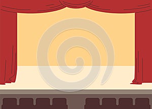 Vector design of empty theater stage with red curtains.