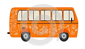 Vector design of a flat bus with doodle drawings. Hand-drawn school supplies on the bus. Back to school.