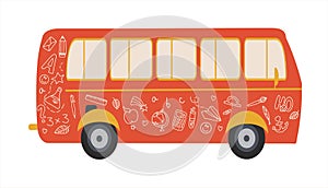 Vector design of a flat bus with doodle drawings. Hand-drawn school supplies on the bus. Back to school.