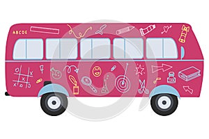 Vector design of a flat bus with doodle drawings. Hand-drawn school supplies on the bus. Back to school.