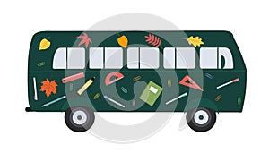 Vector design of a flat bus with drawings of school supplies on the bus. Back to school.