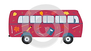 Vector design of a flat bus with drawings of school supplies on the bus. Back to school.