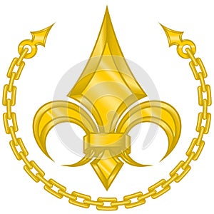 Vector design of fleur de lis in metallic style surrounded by a gold-colored chain photo