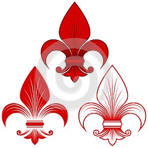 Vector design of fleur de lis in three graphic styles in red photo