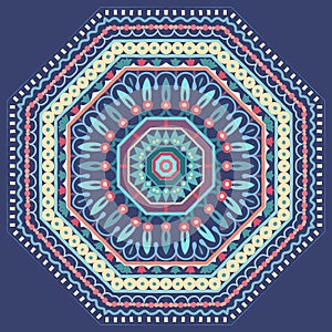 Vector design floral round ornament. Decorative pattern frame on blue background