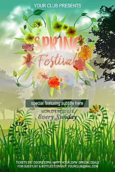Vector design of the flyer with leaves and sun. Vector spring day background with sunshine.Poster template for your business